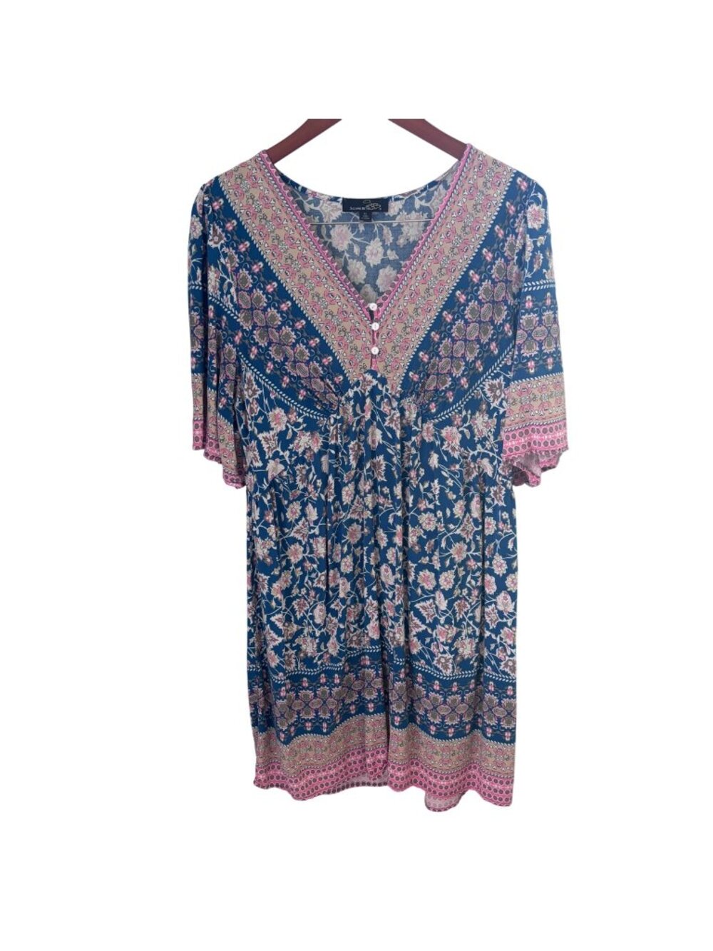 Suzanne Betro Boho Print Women's V-Neck Dress Size XL Empire Waist Short Sleeves